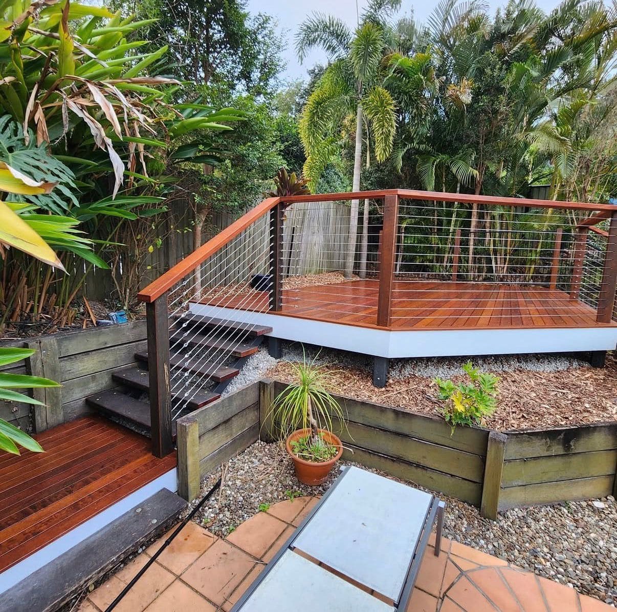 Timber deck with steel cable balustrade